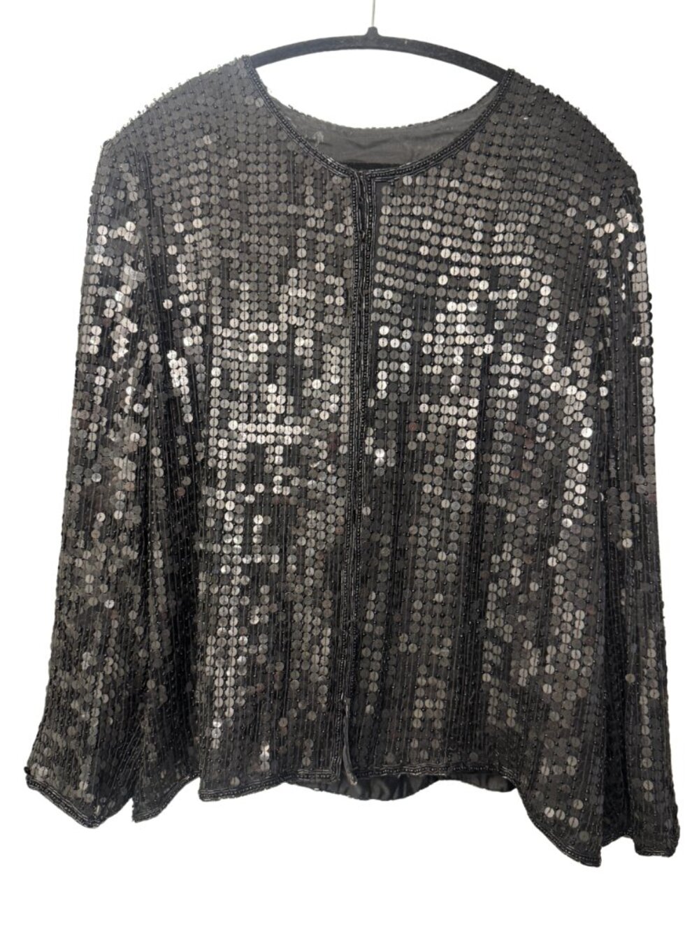 Black Sequin & Bead Silk Lined Jacket Vintage Evening Wedding Party Occasion XL